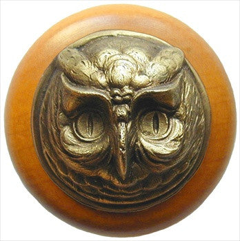 Notting Hill NHW-711M-AB: Wise Owl Cabinet Knob - Maple/Antique Brass