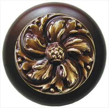 Notting Hill NHW-714W-AB: Chrysanthemum Cabinet Knob - Dark Walnut/Antique Brass