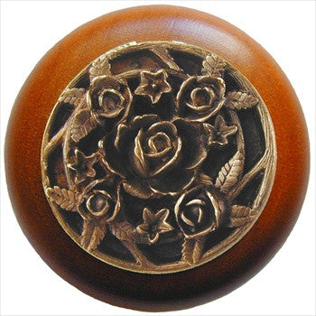Notting Hill NHW-726C-AB: Saratoga Rose Cabinet Knob - Cherry/Antique Brass