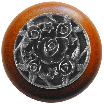 Notting Hill NHW-726C-AP: Saratoga Rose Cabinet Knob - Cherry/Antique Pewter