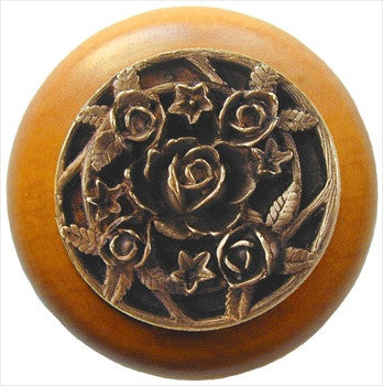 Notting Hill NHW-726M-AB: Saratoga Rose Cabinet Knob - Maple/Antique Brass