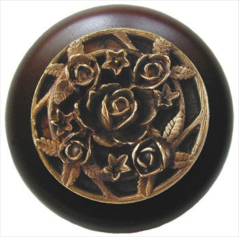 Notting Hill NHW-726W-AB: Saratoga Rose Cabinet Knob - Dark Walnut/Antique Brass