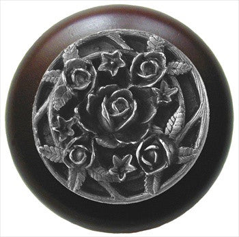 Notting Hill NHW-726W-AP: Saratoga Rose Cabinet Knob - Dark Walnut/Antique Pewter
