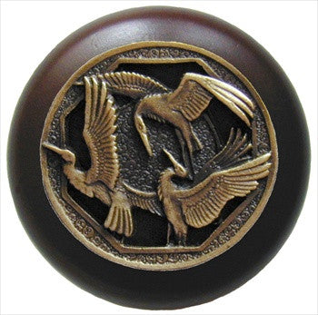 Notting Hill NHW-737W-AB: Crane Dance Cabinet Knob - Dark Walnut/Antique Brass