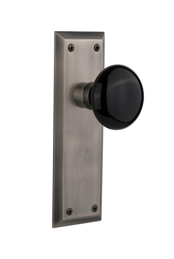 Nostalgic 710118: New York Backplate w/Black Porcelain Knob Single Dummy Door Set - Antique Pewter