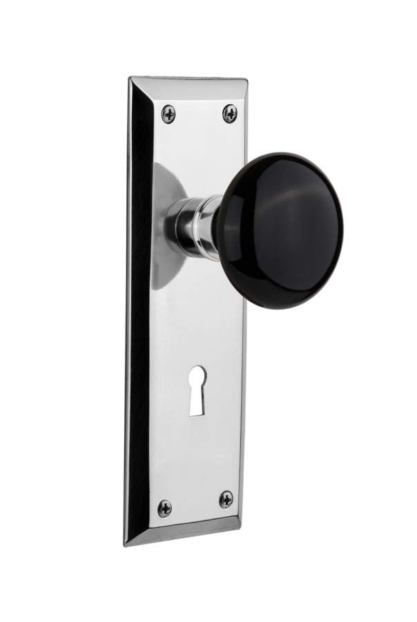 Nostalgic 710077: New York Backplate w/Black Porcelain Knob Passage Door Set - Bright Chrome