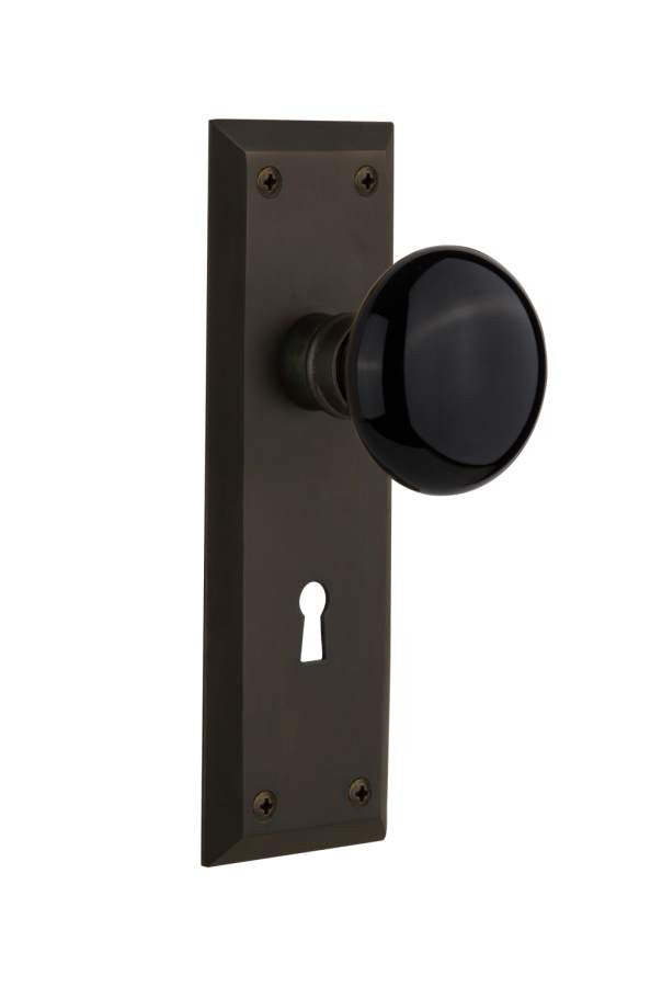 Nostalgic 710415: Mortise New York Plate Black Porcelain Knob - Oil Rubbed Bronze