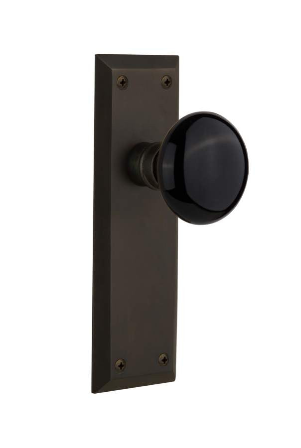 Nostalgic 710024: New York Backplate w/Black Porcelain Knob Passage Door Set - Oil-Rubbed Bronze