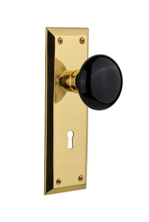 Nostalgic 702924: New York Backplate w/Black Porcelain Knob Single Dummy Door Set - Unlacquered Brass