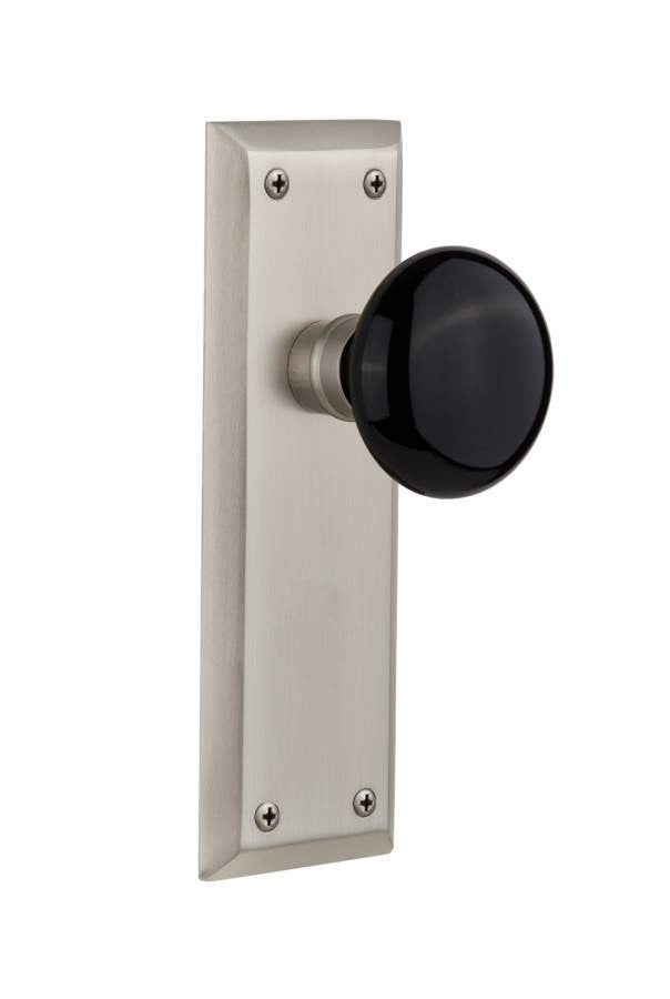 Nostalgic 710026: New York Backplate w/Black Porcelain Knob Passage Door Set - Satin Nickel