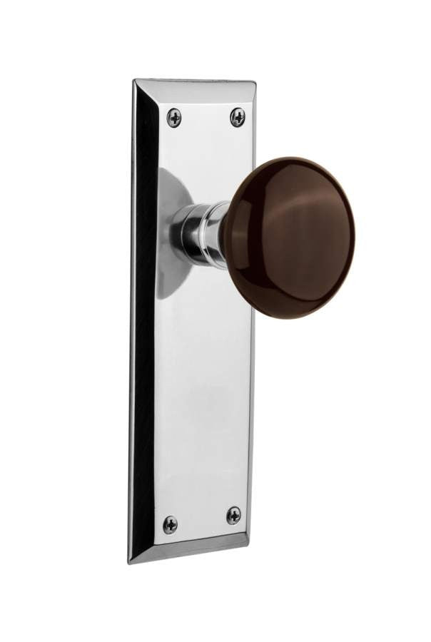Nostalgic 710751: New York Backplate w/Brown Porcelain Knob Privacy Door Set - Bright Chrome