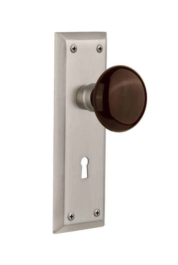 Nostalgic 710857: Mortise New York Plate Brown Porcelain Knob Keyhole - Satin Nickel