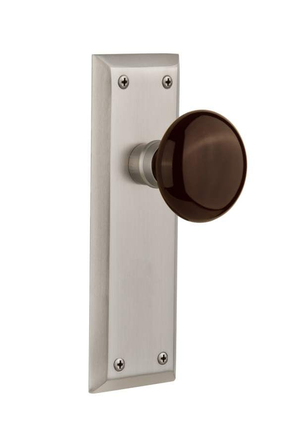 Nostalgic 710754: New York Backplate w/Brown Porcelain Knob Privacy Door Set - Satin Nickel