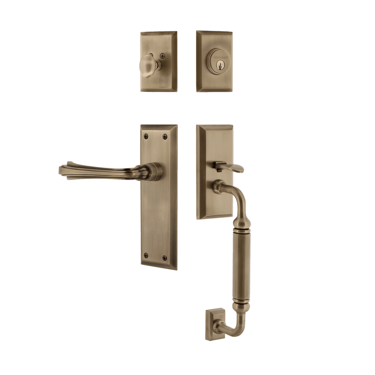 Nostalgic 768947: Entry Lockset w/New York Backplate, C-Grip Exterior Handle and Fleur Interior Lever - Antique Brass