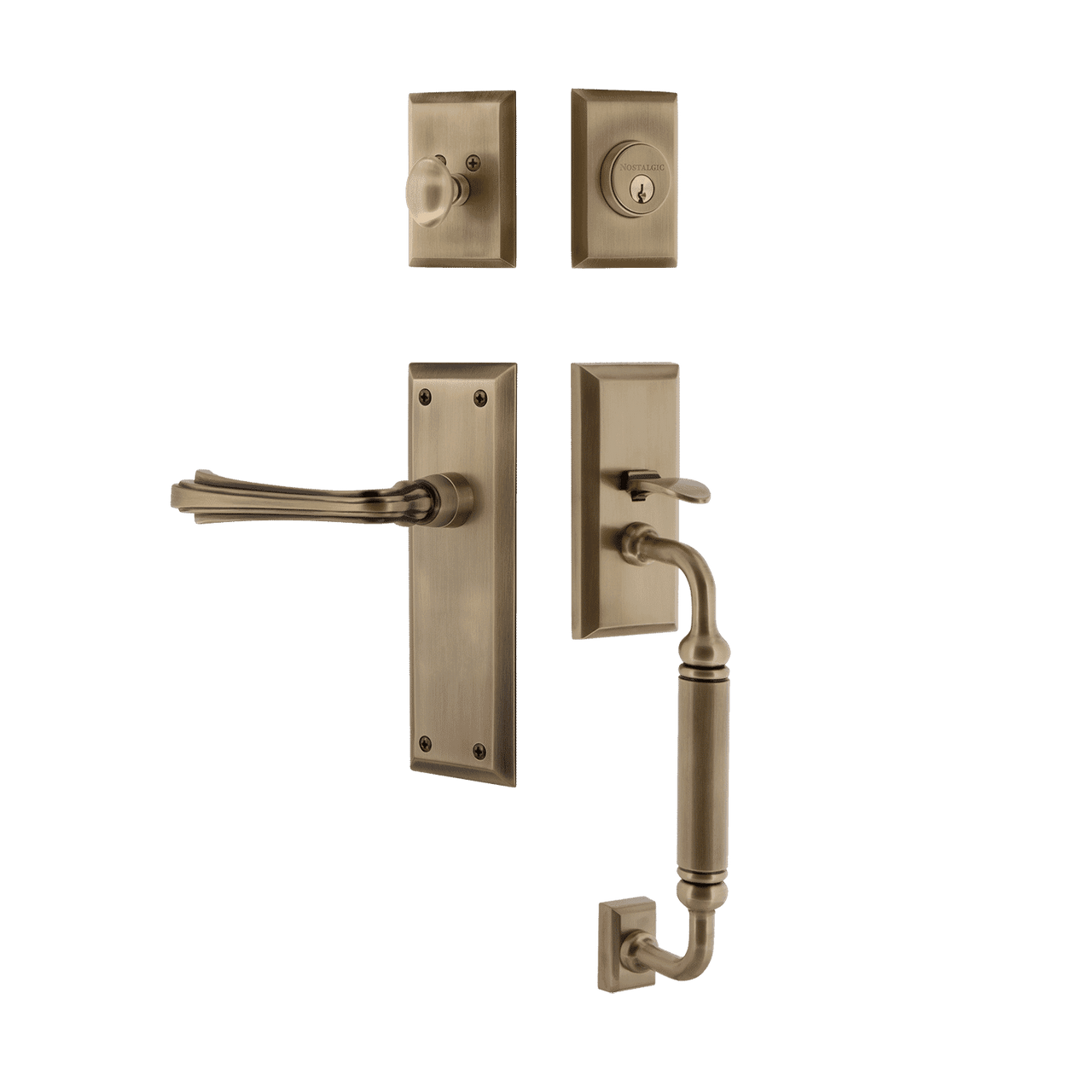 Nostalgic 768947: Entry Lockset w/New York Backplate, C-Grip Exterior Handle and Fleur Interior Lever - Antique Brass