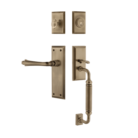 Nostalgic 768950: Entry Lockset w/New York Backplate, C-Grip Exterior Handle and Fleur Interior Lever - Antique Brass