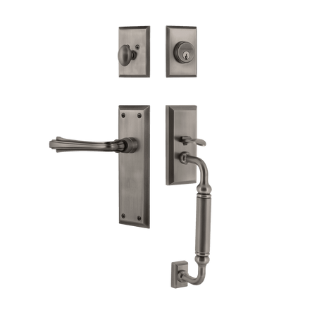 Nostalgic 768948: Entry Lockset w/New York Backplate, C-Grip Exterior Handle and Fleur Interior Lever - Antique Pewter