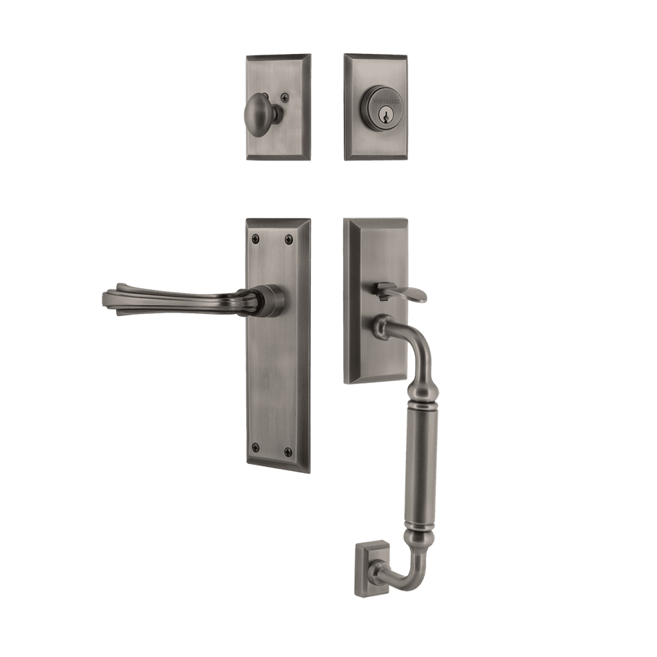 Nostalgic 770612: Entry Lockset w/New York Backplate, C-Grip Exterior Handle and Fleur Interior Lever - Antique Pewter