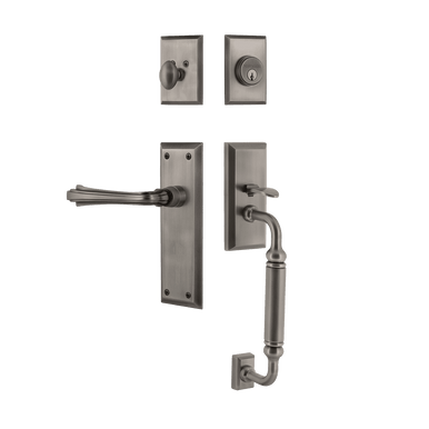 Nostalgic 770612: Entry Lockset w/New York Backplate, C-Grip Exterior Handle and Fleur Interior Lever - Antique Pewter
