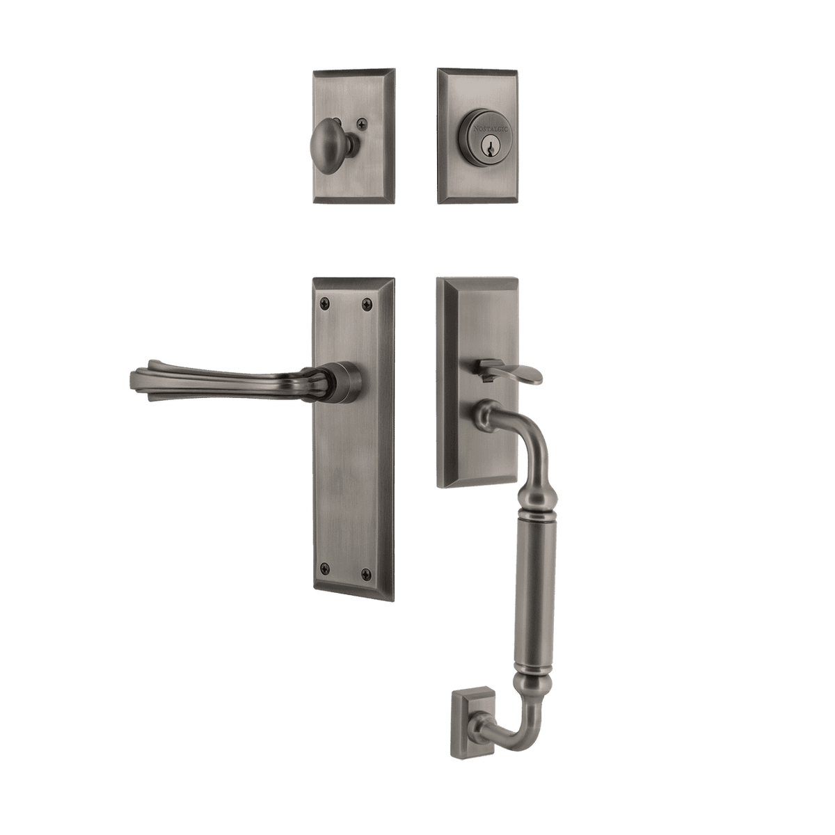 Nostalgic 768951: Entry Lockset w/New York Backplate, C-Grip Exterior Handle and Fleur Interior Lever - Antique Pewter