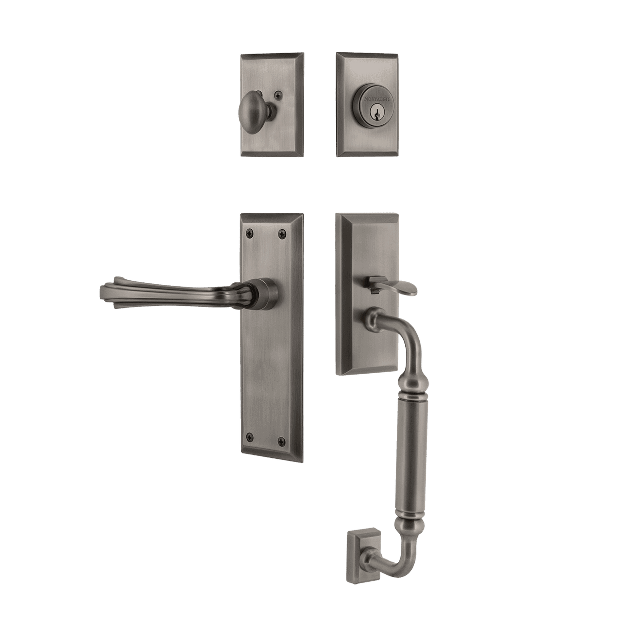 Nostalgic 768951: Entry Lockset w/New York Backplate, C-Grip Exterior Handle and Fleur Interior Lever - Antique Pewter