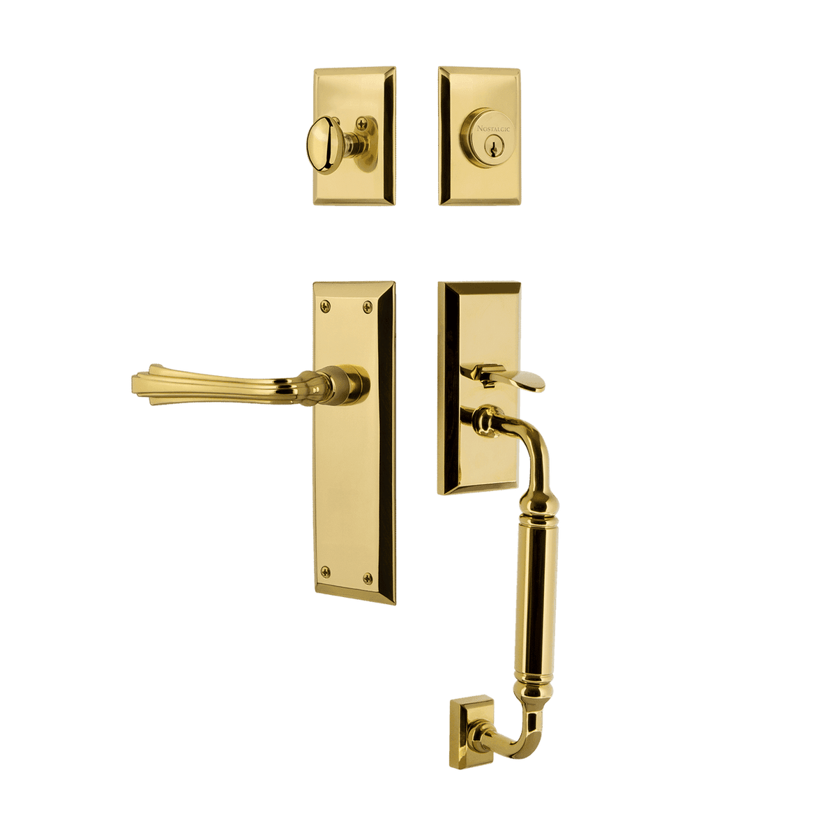 Nostalgic 770620: Entry Lockset w/New York Backplate, C-Grip Exterior Handle and Fleur Interior Lever - Polished Brass