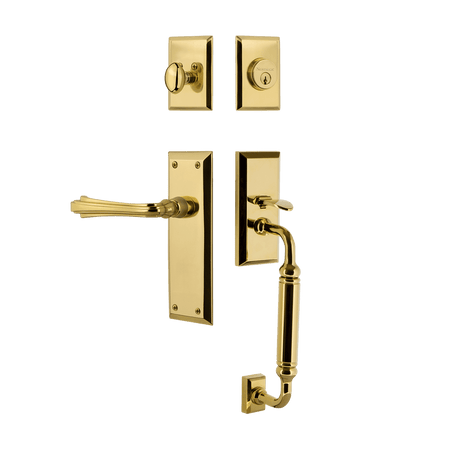 Nostalgic 770620: Entry Lockset w/New York Backplate, C-Grip Exterior Handle and Fleur Interior Lever - Polished Brass