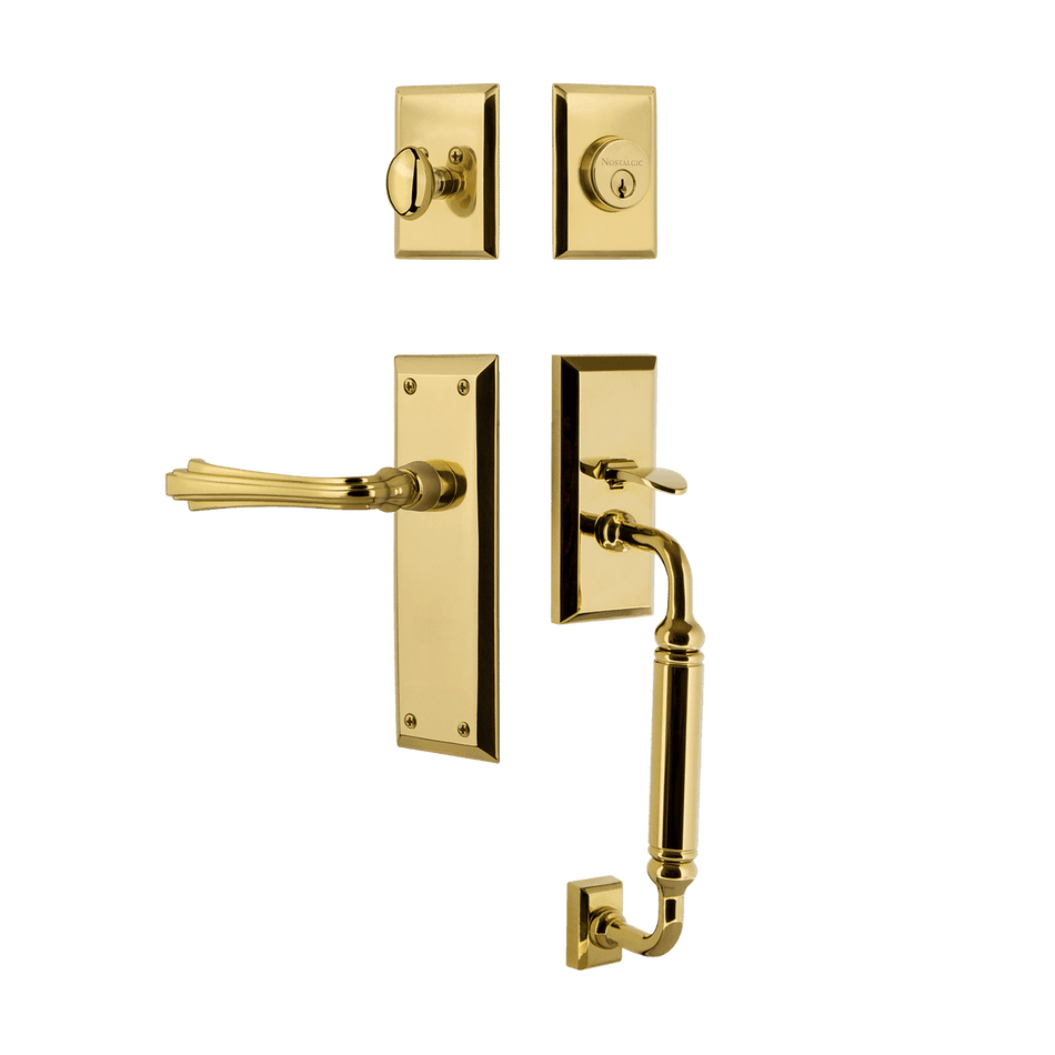 Nostalgic 768953: Entry Lockset w/New York Backplate, C-Grip Exterior Handle and Fleur Interior Lever - Polished Brass