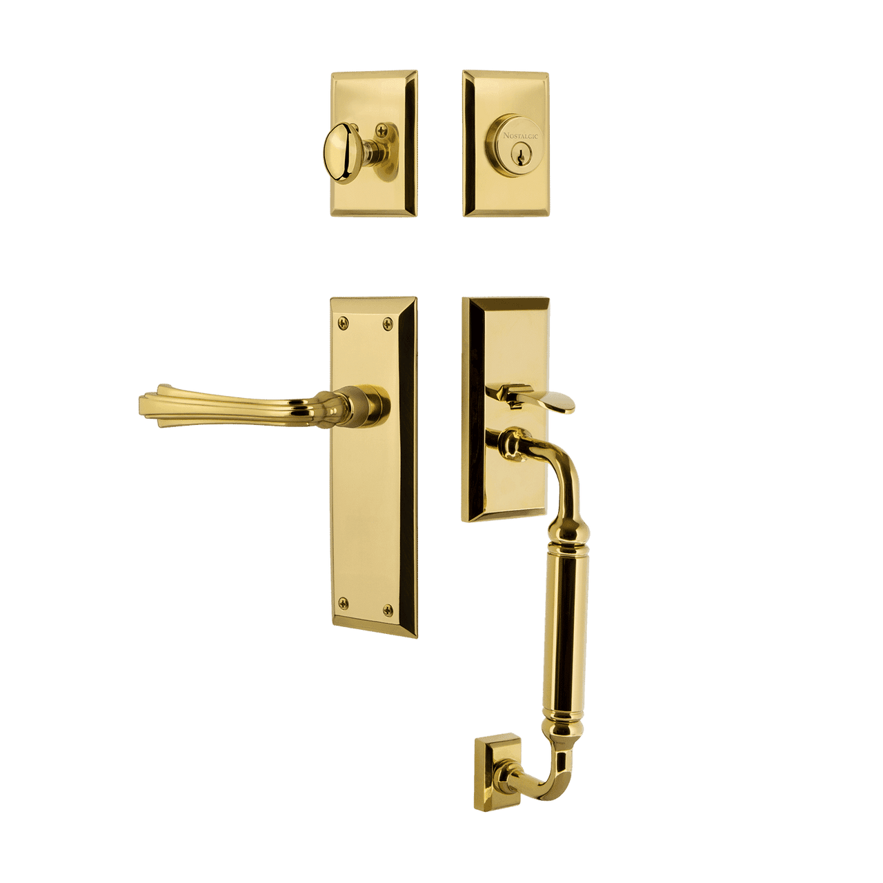 Nostalgic 770595: Entry Lockset w/New York Backplate, C-Grip Exterior Handle and Fleur Interior Lever - Polished Brass