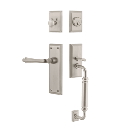 Nostalgic 770621: Entry Lockset w/New York Backplate, C-Grip Exterior Handle and Fleur Interior Lever - Satin Nickel