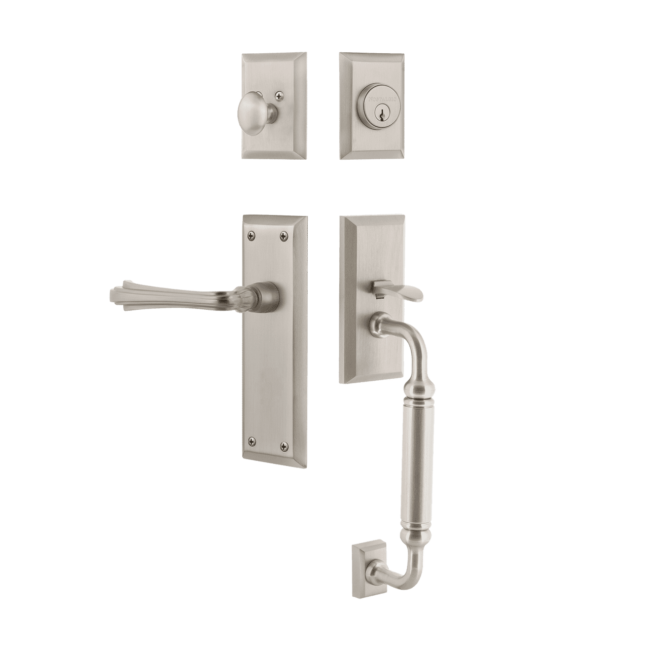 Nostalgic 770594: Entry Lockset w/New York Backplate, C-Grip Exterior Handle and Fleur Interior Lever - Satin Nickel