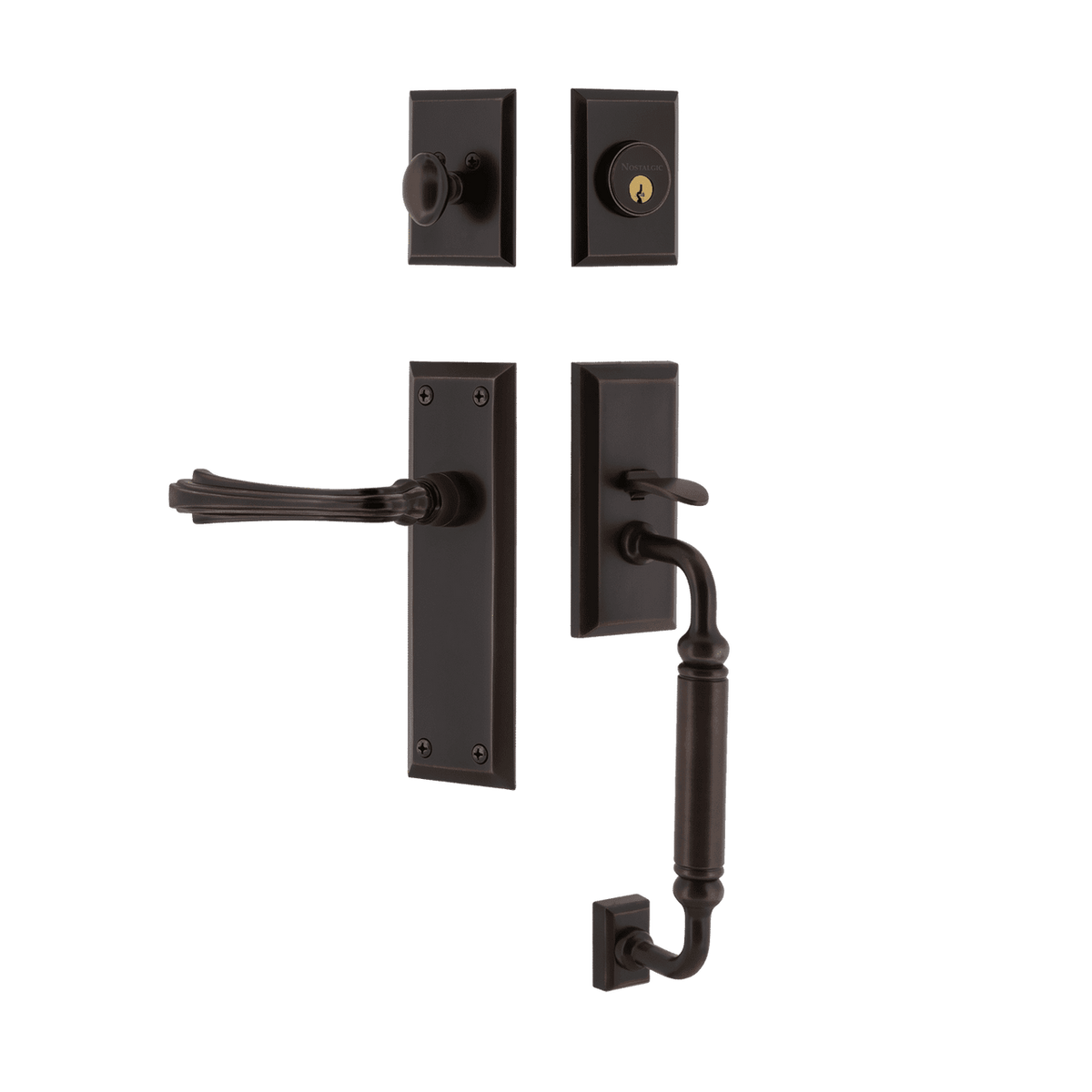 Nostalgic 768956: Entry Lockset w/New York Backplate, C-Grip Exterior Handle and Fleur Interior Lever - Timeless Bronze