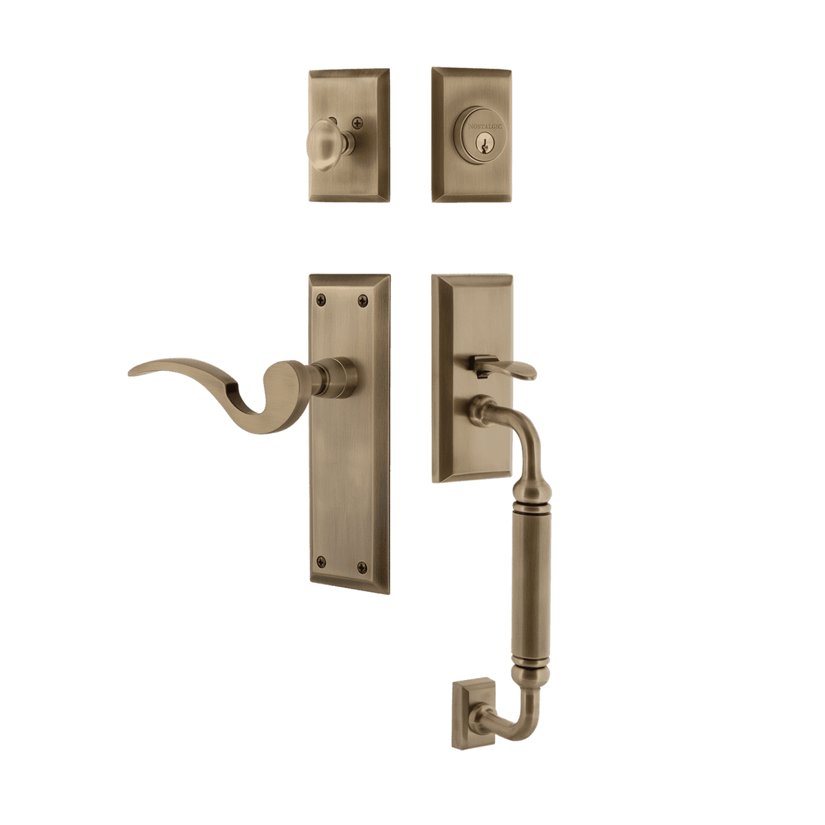 Nostalgic 767556: Entry Lockset w/New York Backplate, C-Grip Exterior Handle and Manor Interior Lever - Antique Brass