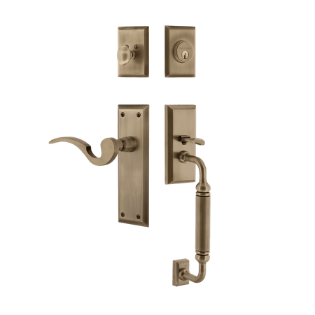 Nostalgic 767556: Entry Lockset w/New York Backplate, C-Grip Exterior Handle and Manor Interior Lever - Antique Brass
