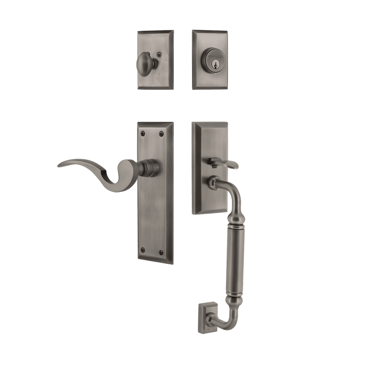 Nostalgic 770712: Entry Lockset w/New York Backplate, C-Grip Exterior Handle and Manor Interior Lever - Antique Pewter