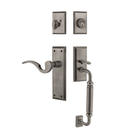 Nostalgic 770712: Entry Lockset w/New York Backplate, C-Grip Exterior Handle and Manor Interior Lever - Antique Pewter
