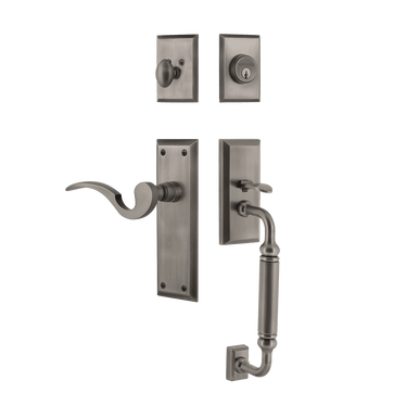 Nostalgic 770704: Entry Lockset w/New York Backplate, C-Grip Exterior Handle and Manor Interior Lever - Antique Pewter