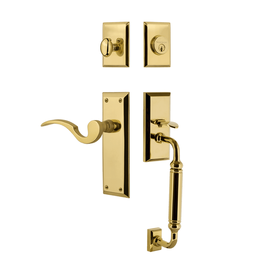 Nostalgic 770724: Entry Lockset w/New York Backplate, C-Grip Exterior Handle and Manor Interior Lever - Polished Brass