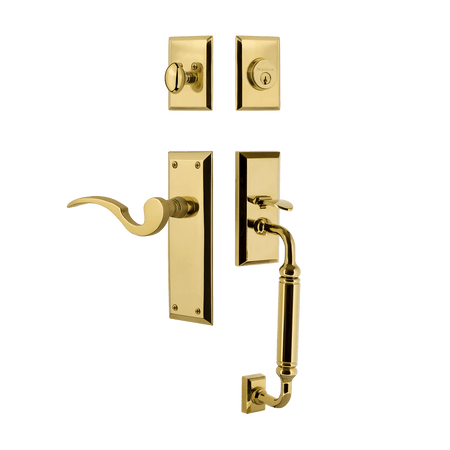 Nostalgic 767565: Entry Lockset w/New York Backplate, C-Grip Exterior Handle and Manor Interior Lever - Polished Brass