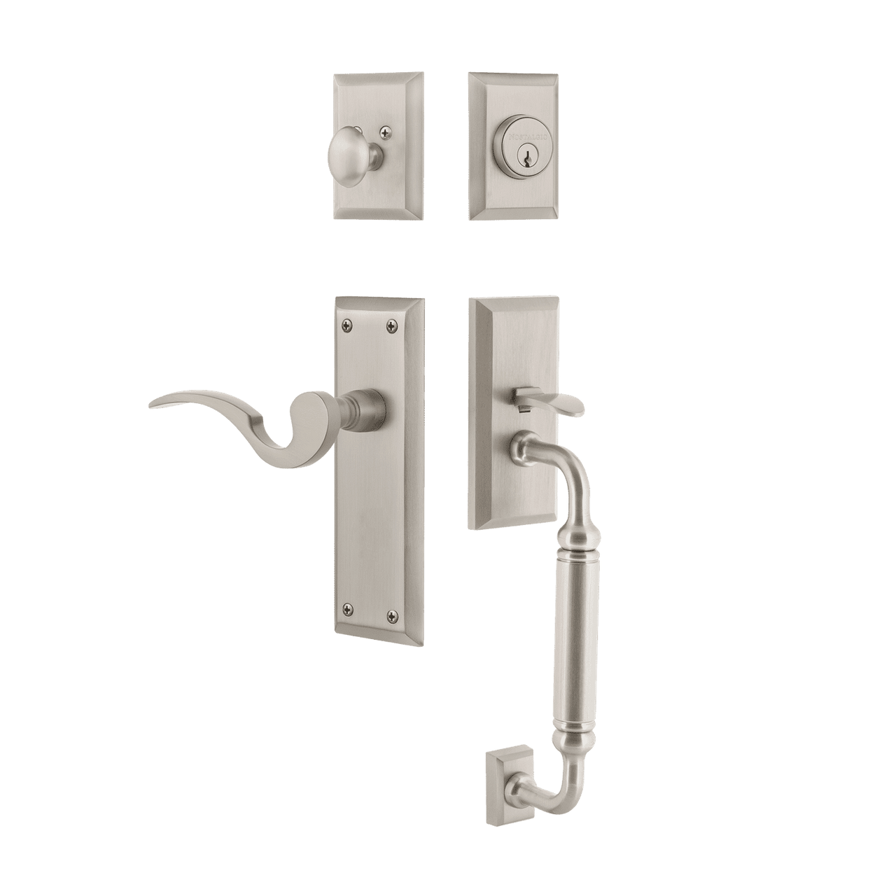 Nostalgic 770725: Entry Lockset w/New York Backplate, C-Grip Exterior Handle and Manor Interior Lever - Satin Nickel