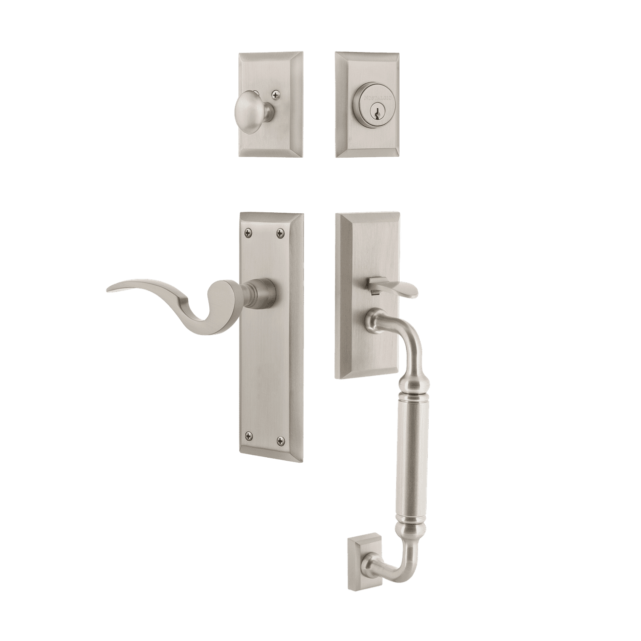Nostalgic 770710: Entry Lockset w/New York Backplate, C-Grip Exterior Handle and Manor Interior Lever - Satin Nickel