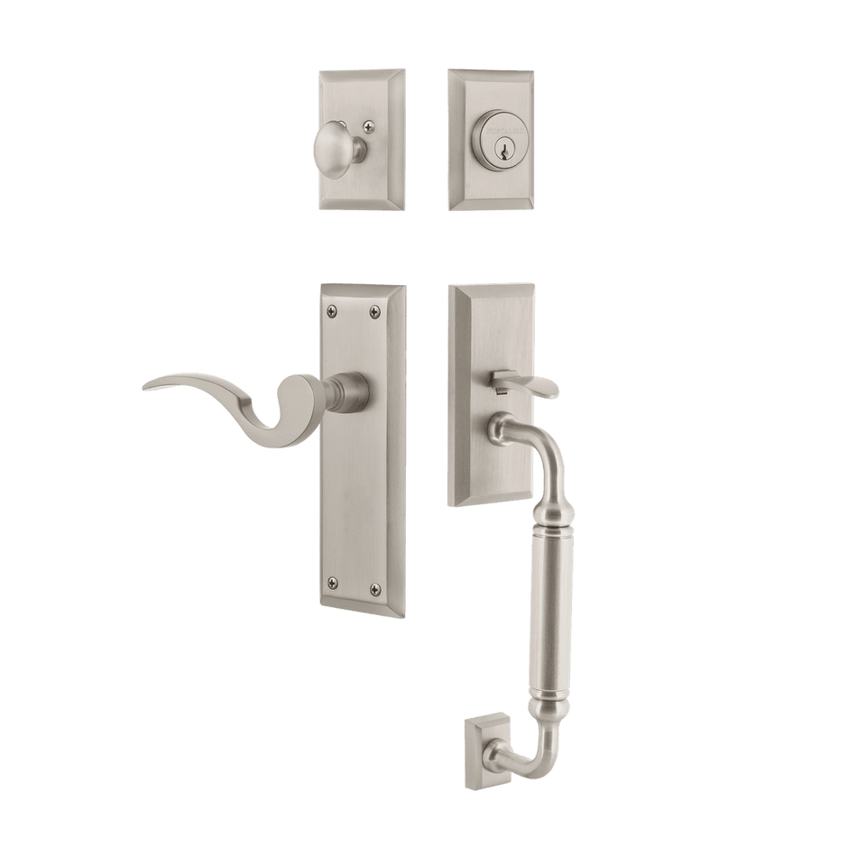 Nostalgic 770710: Entry Lockset w/New York Backplate, C-Grip Exterior Handle and Manor Interior Lever - Satin Nickel