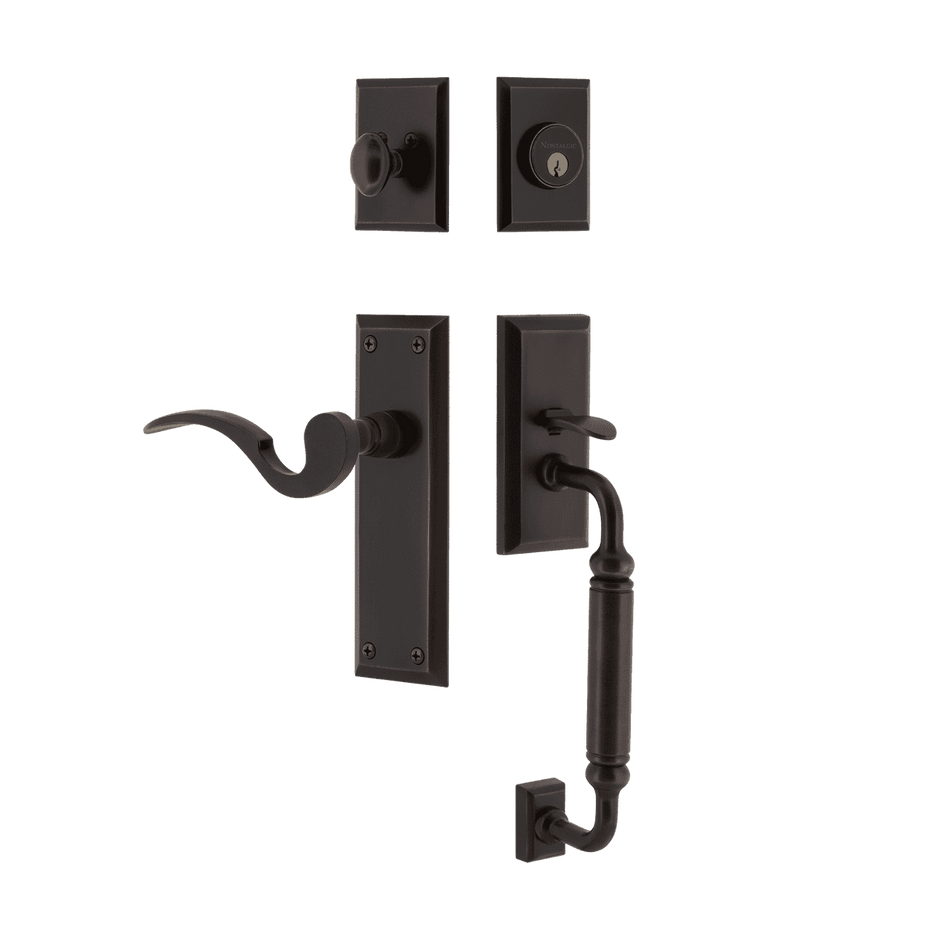 Nostalgic 770703: Entry Lockset w/New York Backplate, C-Grip Exterior Handle and Manor Interior Lever - Timeless Bronze