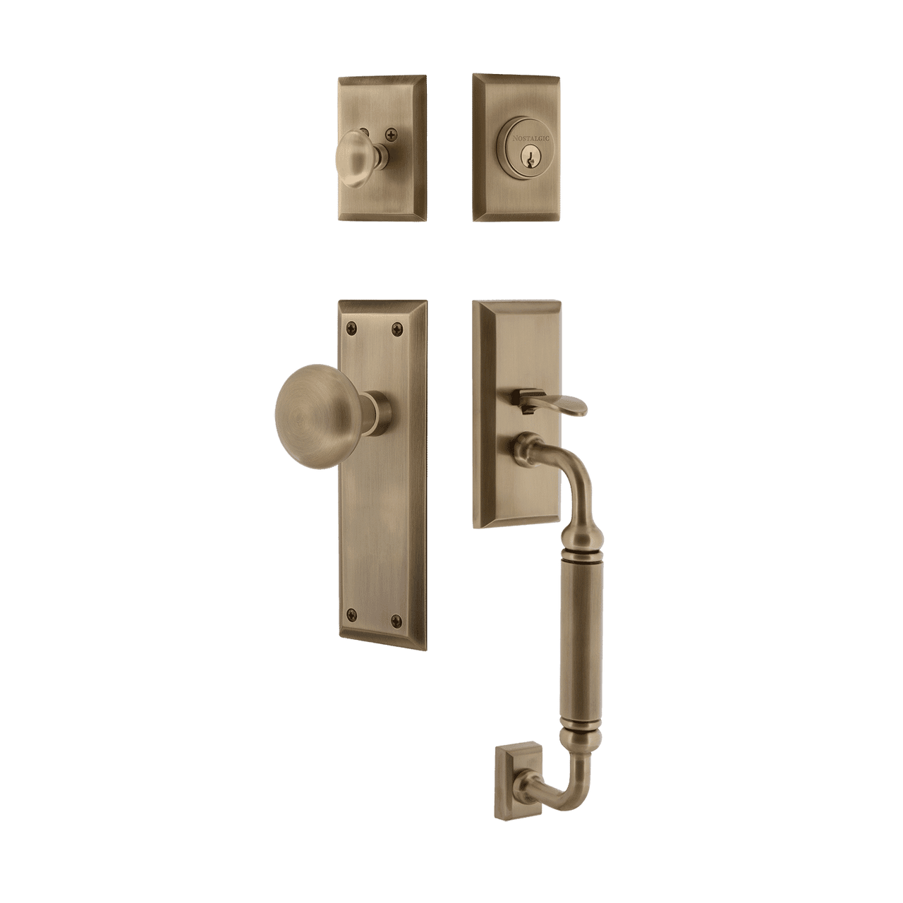 Nostalgic 719434: Entry Lockset w/New York Backplate, C-Grip Exterior Handle and New York Knob - Antique Brass