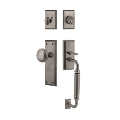 Nostalgic 733371: Entry Lockset w/New York Backplate, C-Grip Exterior Handle and New York Knob - Antique Pewter