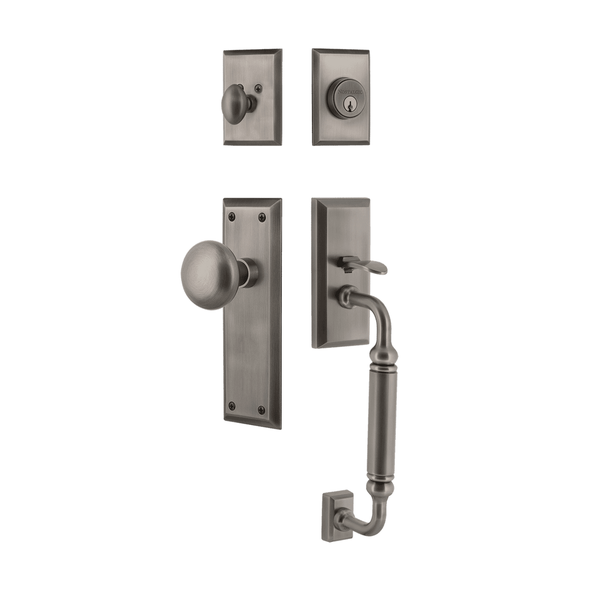 Nostalgic 719460: Entry Lockset w/New York Backplate, C-Grip Exterior Handle and New York Knob - Antique Pewter