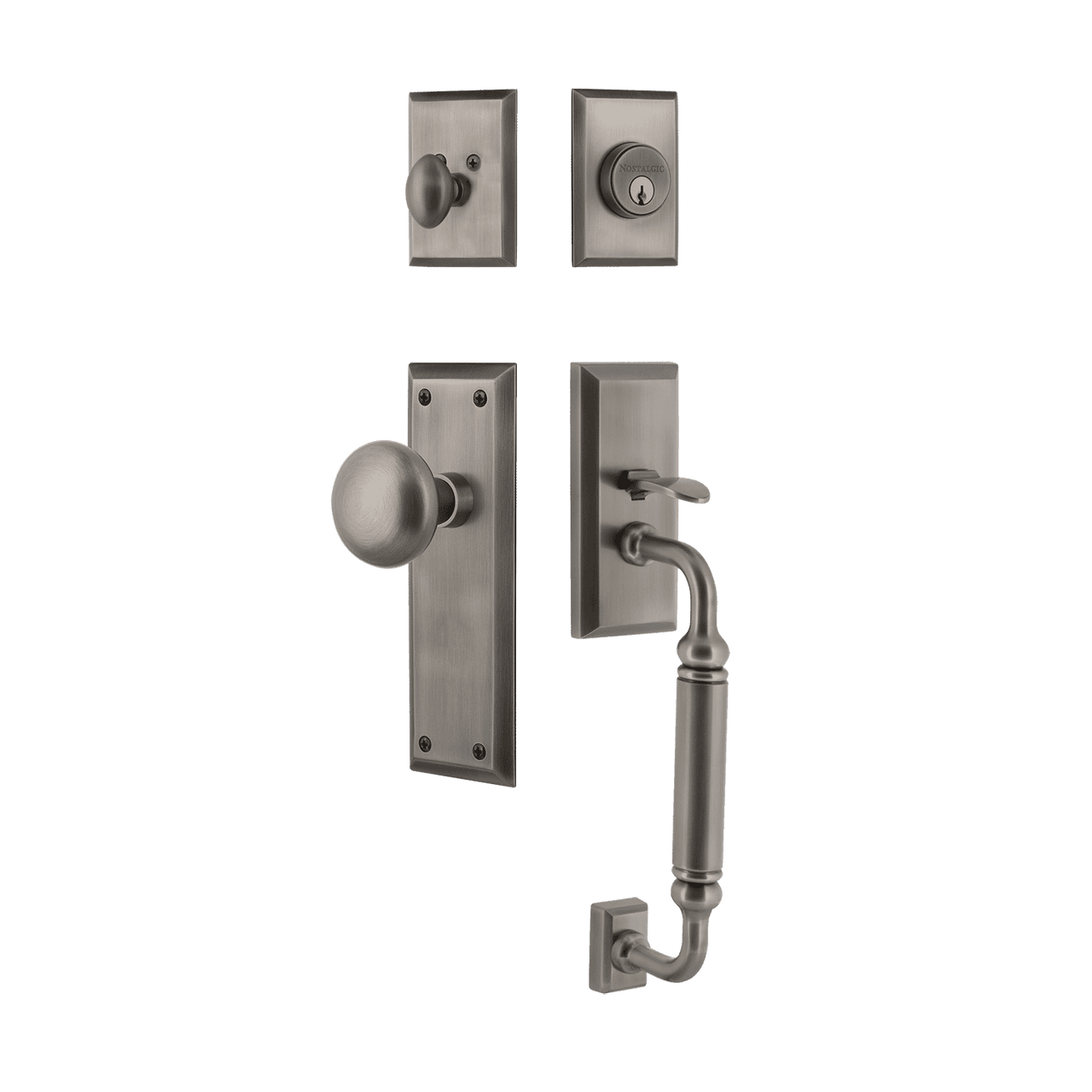 Nostalgic 719460: Entry Lockset w/New York Backplate, C-Grip Exterior Handle and New York Knob - Antique Pewter