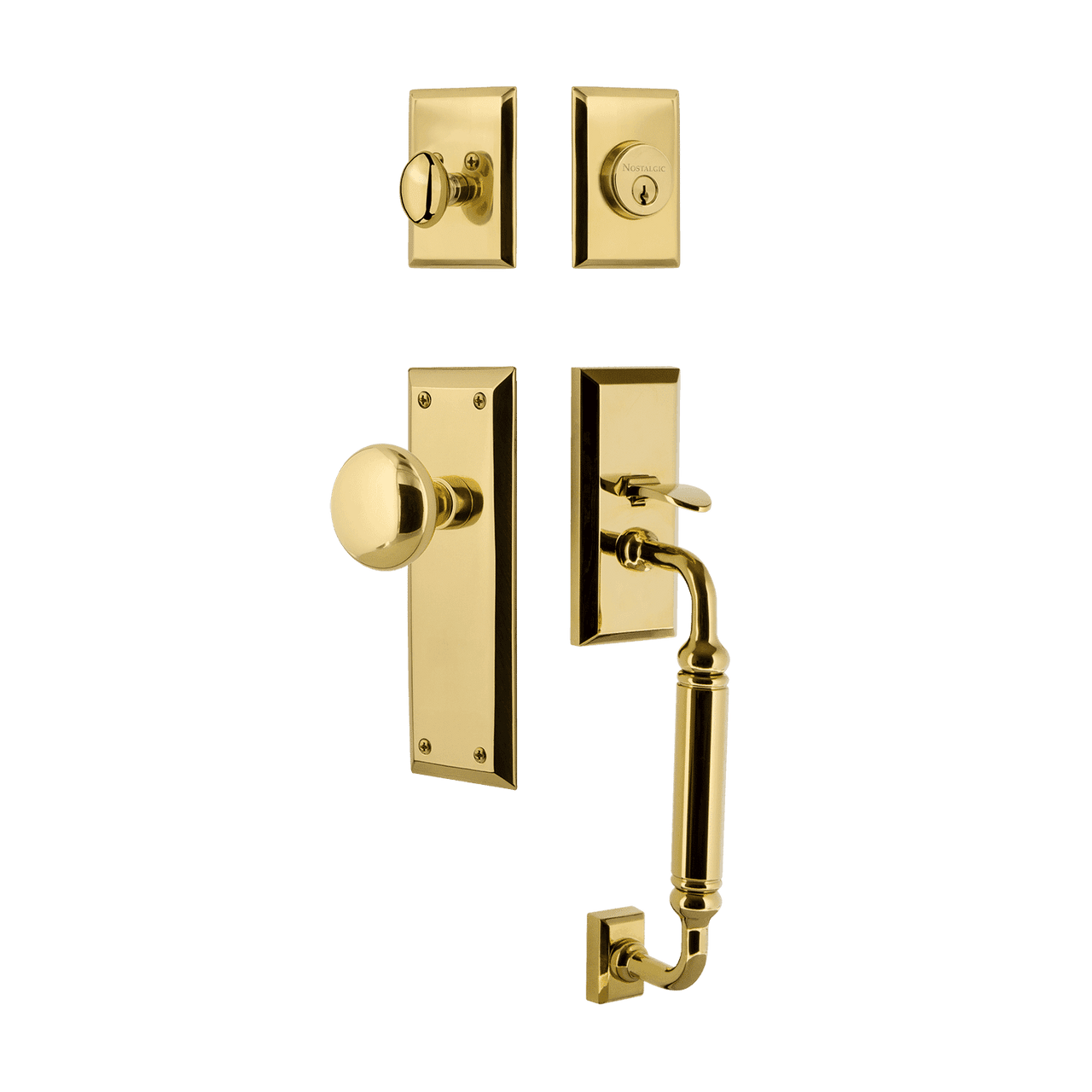 Nostalgic 727874: Entry Lockset w/New York Backplate, C-Grip Exterior Handle and New York Knob - Polished Brass
