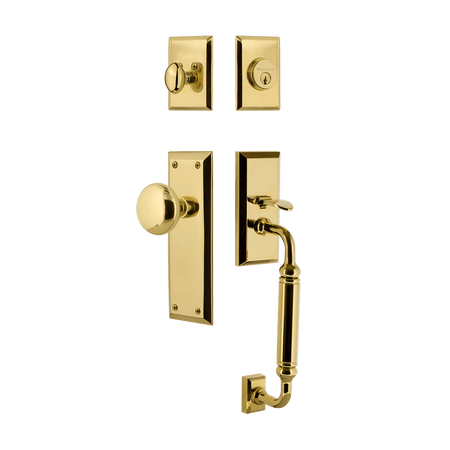 Nostalgic 727941: Entry Lockset w/New York Backplate, C-Grip Exterior Handle and New York Knob - Polished Brass