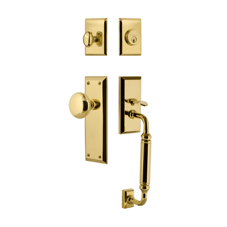 Nostalgic 733372: Entry Lockset w/New York Backplate, C-Grip Exterior Handle and New York Knob - Polished Brass
